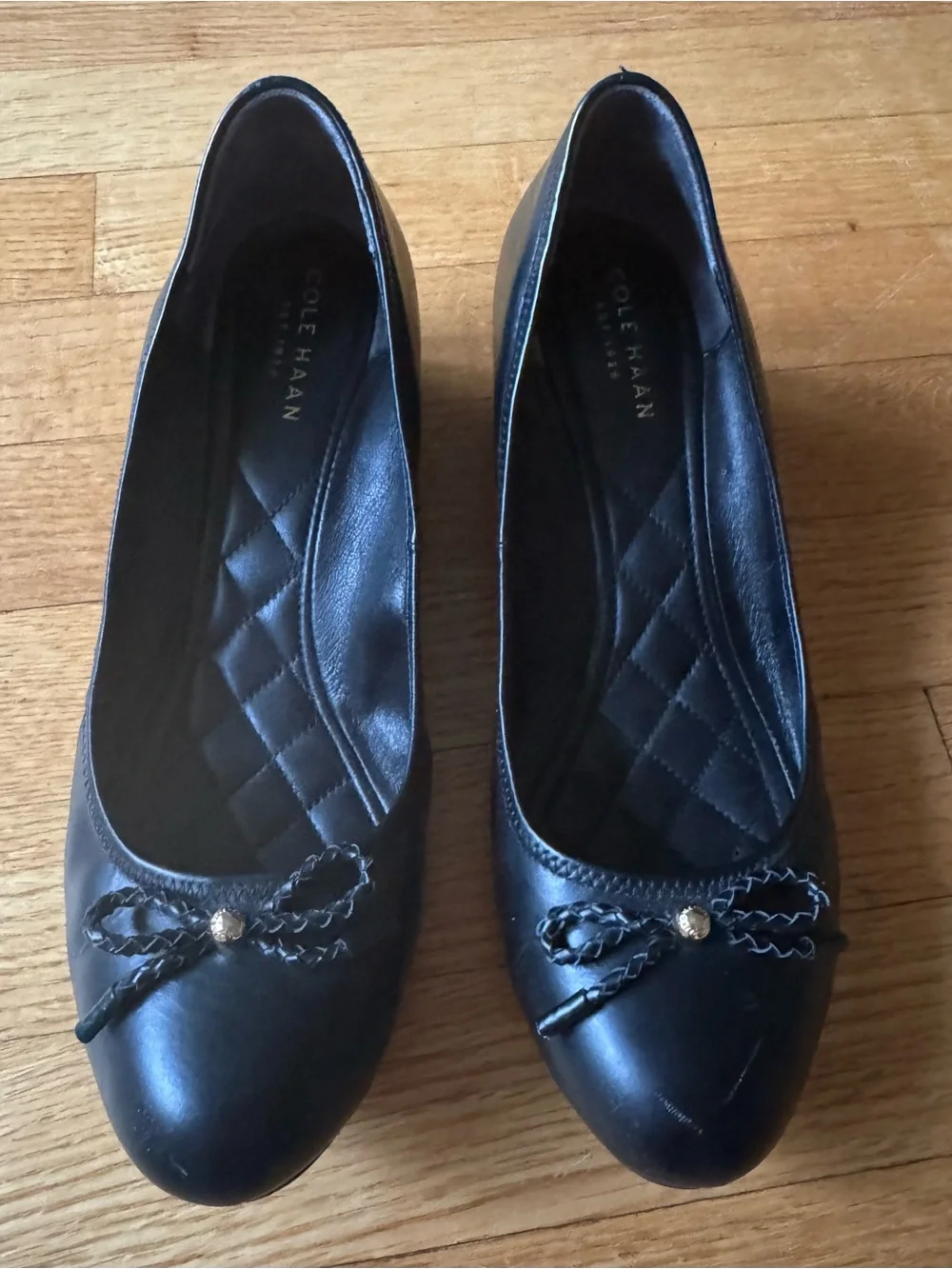Cole Haan Black Leather Bow Trim Wedges